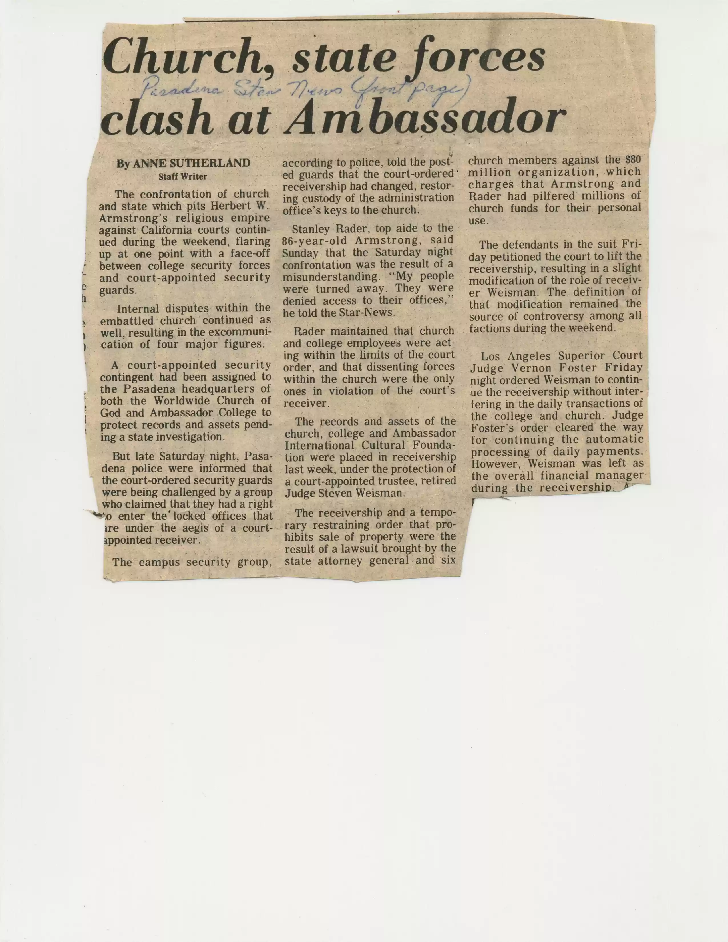 Pasadena Star News, n.d., partial article, prob 1-1979
